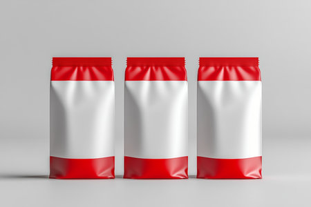 3d mockup of three blank white and red coffee bags with zippers for product presentation displayの写真素材