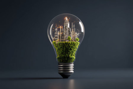 3d illustration of a light bulb symbolizing green energy and urban icons on a dark background