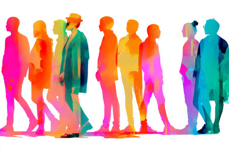 Colorful vector illustration of diverse silhouettes of people against a white backgroundの写真素材