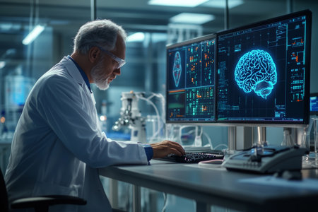 Scientist in lab coat analyzing brain hologram with advanced electronics at laboratory deskの写真素材
