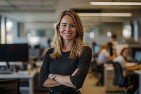 Smiling businesswoman in modern office with team collaborating behind her, showcasing leadership