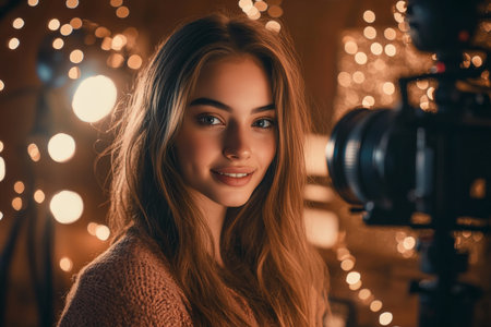 Radiant young woman captured in cozy lighting, exuding confidence and charm in beauty sceneのeditorial素材