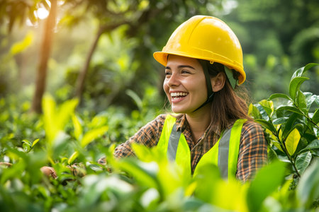 Female environmentalist in safety gear cultivating a sustainable garden in tea plantationの写真素材