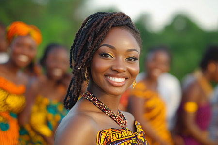 Joyful young african woman dancing in kente cloth celebration with friends in vibrant backgroundのeditorial素材