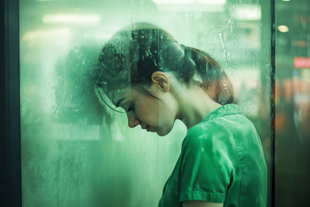 Frustrated businesswoman in green shirt cries by glass wall, reflecting her struggles at workのeditorial素材