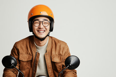 Joyful young asian scooter man in glasses and orange helmet riding, smiling portraitの写真素材