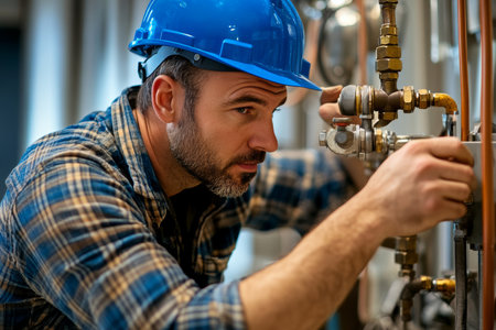 Professional plumber fixing commercial water system in blue helmet and plaid shirtの写真素材