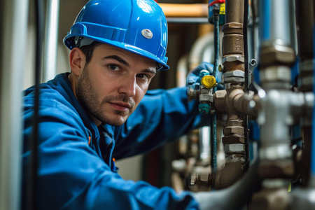Professional plumber in blue helmet repairing water pipes in indoor space for educational display