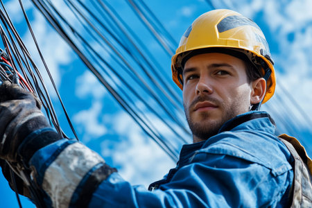Portrait of an electrician in uniform connecting wires on a construction site with blue sky