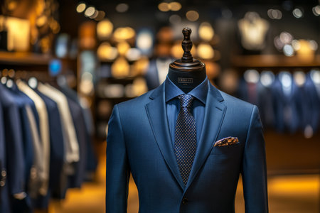 Stylish mannequin in dark blue suit and tie showcased in upscale men's fashion boutiqueの写真素材