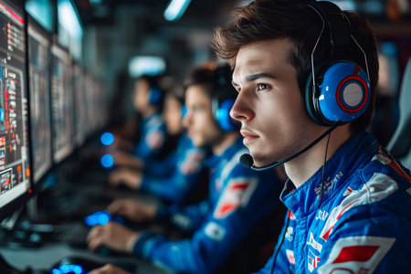 Male racing team in blue overalls analyzing data on computer screens in competition office setting