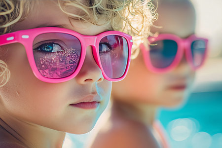 Two children enjoying summer vacation by an outdoor pool a joyful moment in the sunの写真素材