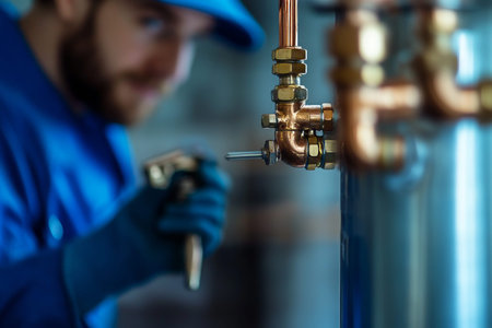 Skilled plumber in blue uniform repairs water purifier and modern heating boiler at home