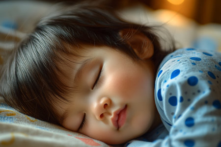 Adorable asian baby girl sleeping in blue dot pajamas with a peaceful expression and soft lightの写真素材