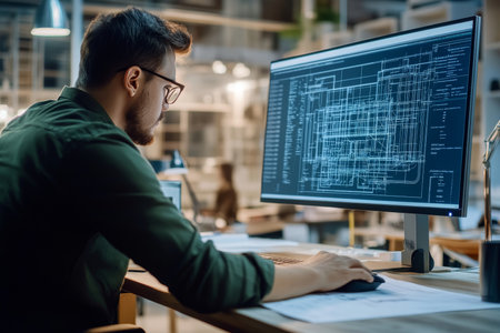 Focused young male architect designing a building project with digital models in office settingの写真素材