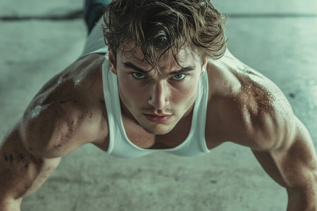 Close up portrait of a young man in a white tank top doing push ups with cinematic lighting