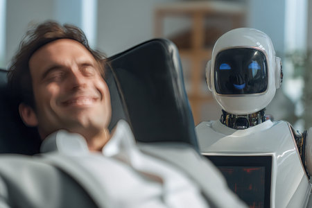 Businessman relaxing in chair with ai robot attending to his well being and smiling expression