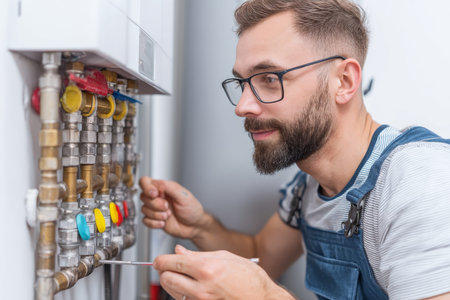 Skilled plumber repairing home gas boiler and water leak with colorful larry s shredder stickersのeditorial素材