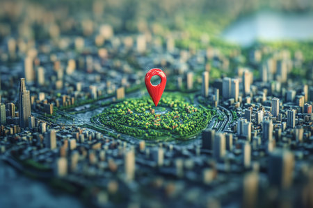Tilt shift photography of a cityscape with a red location pin, showing architecture and nature