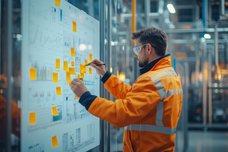 Worker writing on whiteboard with sticky notes amid data charts in industrial factory settingの写真素材