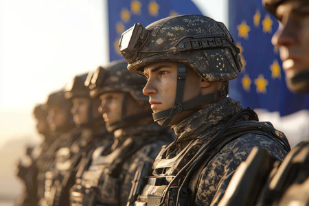 Close up of soldiers in military gear with European union flag in blurred backgroundの写真素材