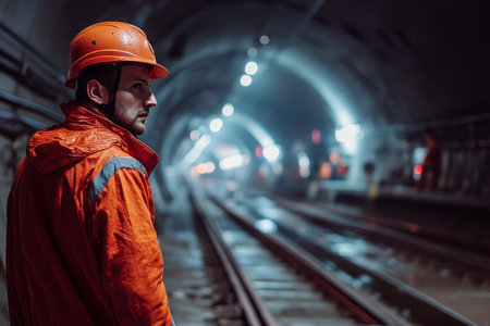 Worker in orange uniform and helmet observing the viewer in a dimly lit tunnel with railway tracksの写真素材