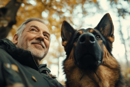 Joyful man senior with his german shepherd dog in nature, captured with artistic depth of field