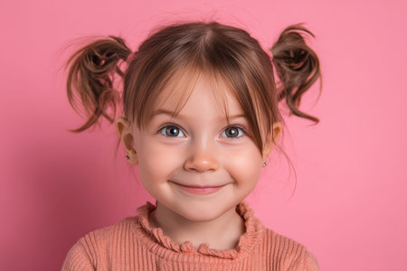 Delightful portrait of a joyful little girl with pigtails on a pink background, close up view