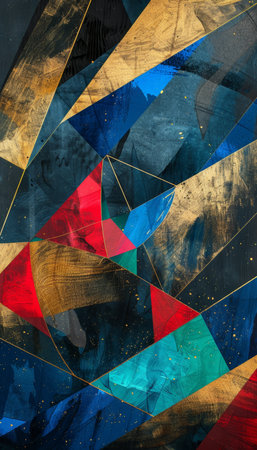 Abstract geometric art in elegant blue, red, and gold colors for a modern and stylish decorの写真素材