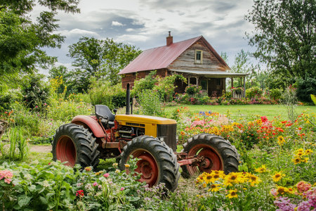 Vibrant tractor nestled by a charming farmhouse amidst lush greenery and colorful flowersの写真素材
