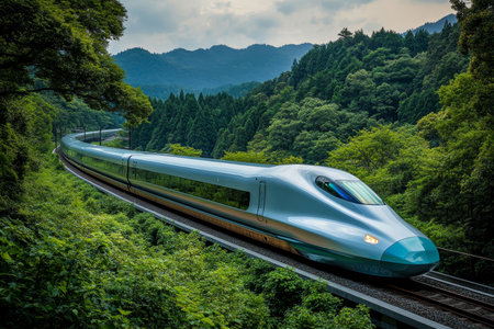 High speed train navigating through lush forest, symbolizing green energy transportationの写真素材