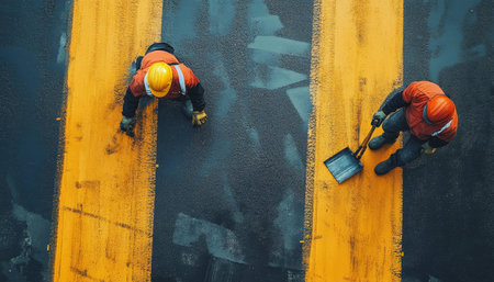 Workers applying lane markings on a newly paved road in a photography shot of road markingの写真素材
