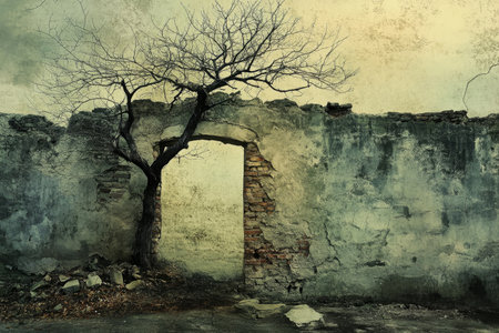 Surreal landscape imagery of urban decay nature reclaims ruins with a tree through a broken wallの写真素材