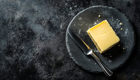Top view of butter block and knife on plate against slate background with text space