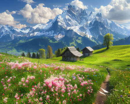 Sunny alpine spring high quality image of idyllic mountain landscape with blooming meadowsの写真素材