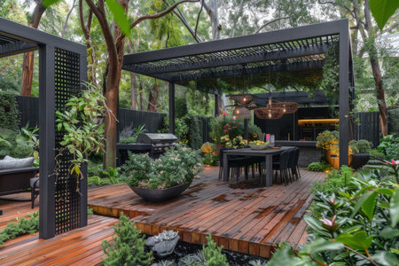 Luxurious outdoor garden with teak wood deck and sleek black pergola for a stylish morning settingの写真素材