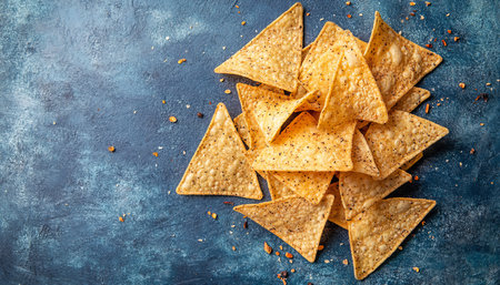 Delicious crispy tortilla chips with southwest seasoning against a blue textured backgroundの写真素材