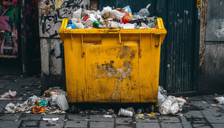 Overflowing yellow trash bin with scattered waste emphasizes the need for effective waste managementの写真素材
