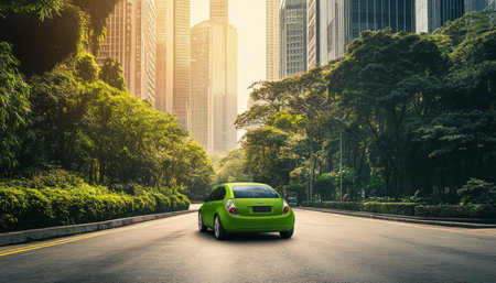 Cityscape featuring a green car, representing eco friendly transport and urban sustainability.の写真素材