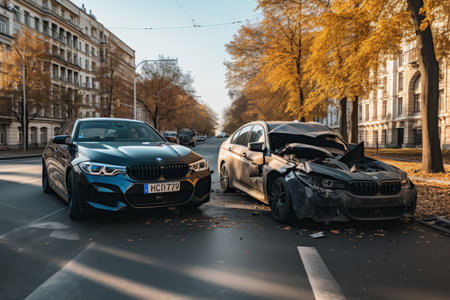 Two cars damaged in head-on collision on street on sunny day, resulting in significant damageの写真素材