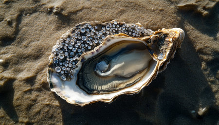 Elegant oyster displayed as jewelry on serene beach a stunning photography captureの写真素材