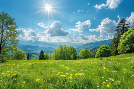 Sunny day in the alps scenic mountain view with blooming meadows, an idyllic springtime landscape