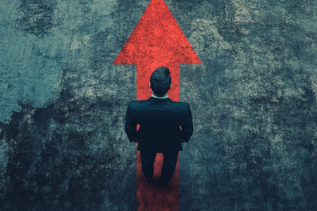 Businessman gazes down at red arrow on concrete groundの写真素材