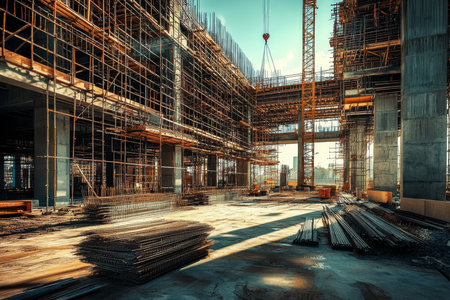 Construction site photography capturing the dynamics of industrial development and engineeringの写真素材