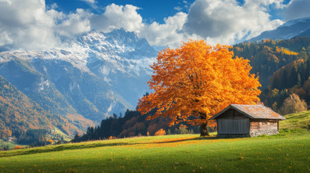 Charming autumn scene vibrant orange tree, rustic wood house, green meadow, and blue alpsの写真素材