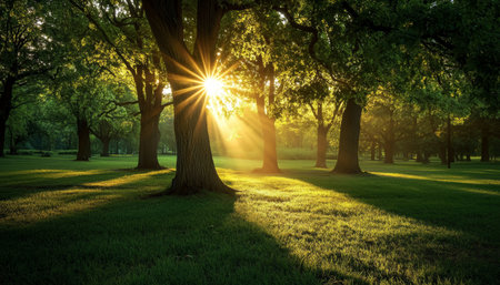 Serene sunrise in a park illuminating tree leaves and grass with melodic light and shadow playの写真素材