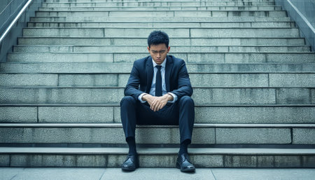 Exhausted businessman in distress sitting on concrete stairs reflecting overwork and stressの写真素材