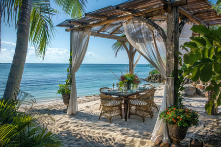 Oceanfront gazebo for al fresco dining in tropical paradise beachfront eleganceの写真素材