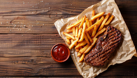 Classic steak and French fries on wooden table for text placement in top view composition