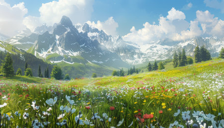 Sunny alpine spring high quality image of idyllic mountain landscape with blooming meadowsの写真素材